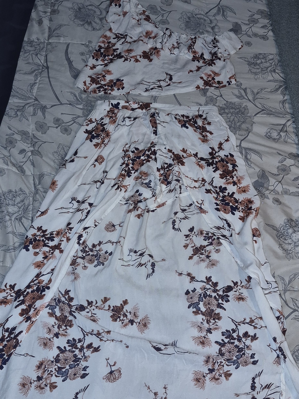 Roxy White Maxi Skirt with Brown & Navy Floral